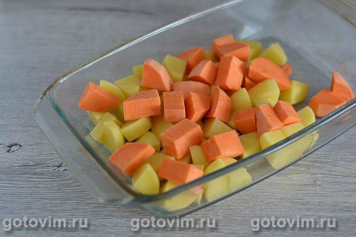 Курячі гомілки з картоплею, кабачками, бататом і солодким перцем у духовці, Крок 04